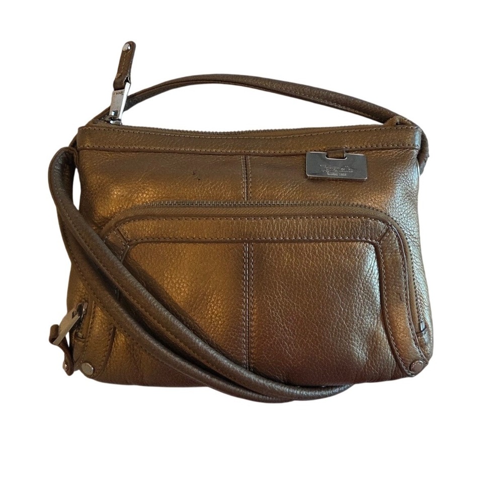 Tignanello Metallic Bronze Genuine Leather Crossbody Bag Silver Hardware‎ Zipper